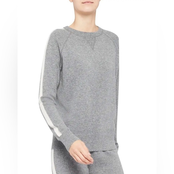 Theory Athletic Stripe Crew Neck Cashmere Sweater Grey Size S Pullback Top - Picture 1 of 8